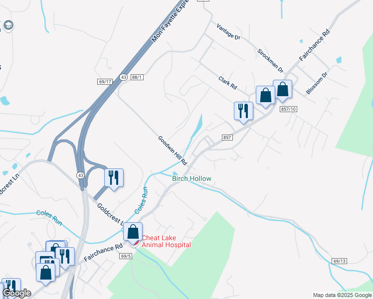 map of restaurants, bars, coffee shops, grocery stores, and more near 4002 Kathryn Drive in Morgantown