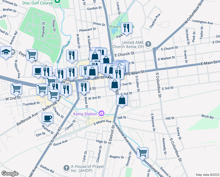 map of restaurants, bars, coffee shops, grocery stores, and more near in Xenia