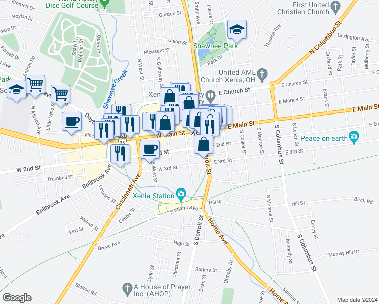 map of restaurants, bars, coffee shops, grocery stores, and more near 102 West 2nd Street in Xenia