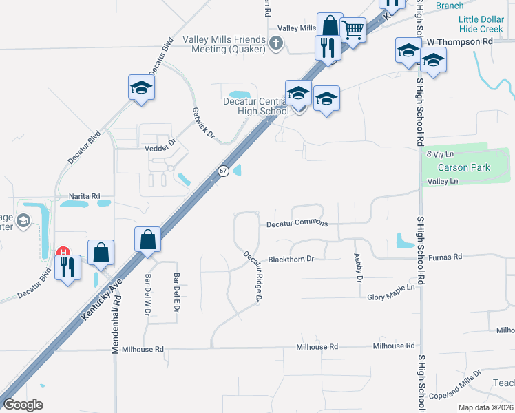 map of restaurants, bars, coffee shops, grocery stores, and more near 6836 Decatur Ridge Place in Indianapolis