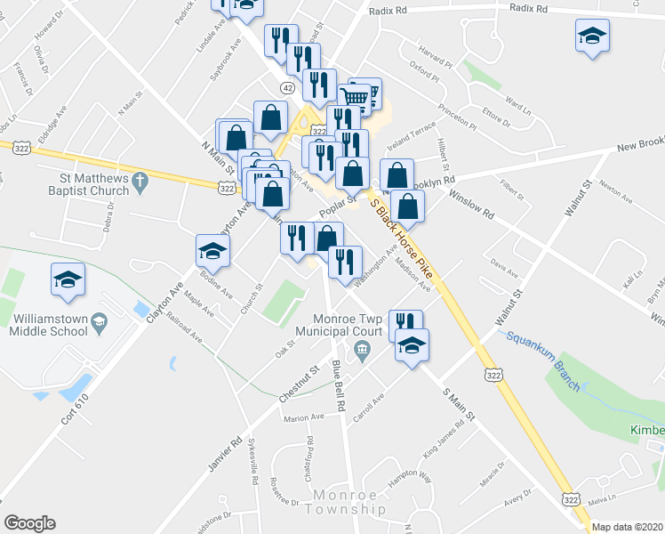 map of restaurants, bars, coffee shops, grocery stores, and more near 334 South Main Street in Monroe Township