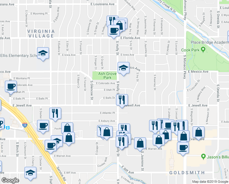 map of restaurants, bars, coffee shops, grocery stores, and more near 5601 East Colorado Avenue in Denver
