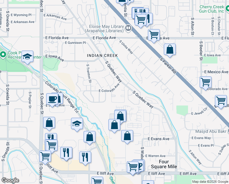 map of restaurants, bars, coffee shops, grocery stores, and more near 1811 South Quebec Way in Denver