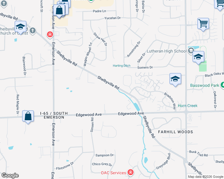 map of restaurants, bars, coffee shops, grocery stores, and more near 5433 Shelbyville Road in Indianapolis