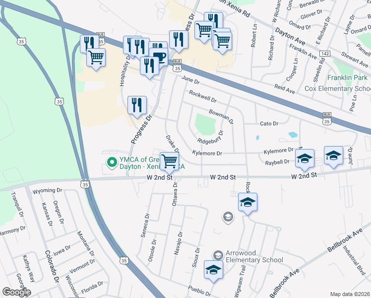 map of restaurants, bars, coffee shops, grocery stores, and more near 1828 Kylemore Drive in Xenia