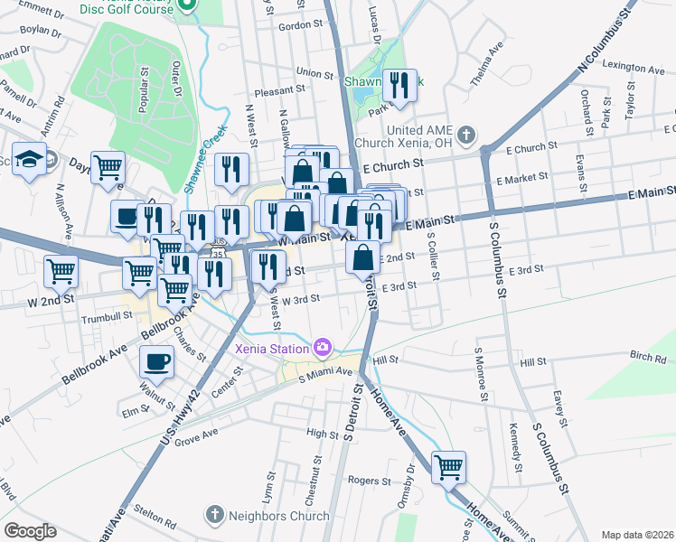 map of restaurants, bars, coffee shops, grocery stores, and more near 102 West 2nd Street in Xenia