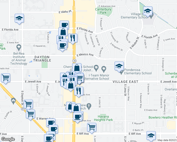 map of restaurants, bars, coffee shops, grocery stores, and more near 10669 East Utah Place in Aurora