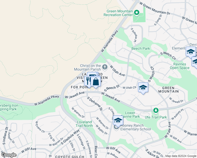 map of restaurants, bars, coffee shops, grocery stores, and more near 1697 South Cole Street in Lakewood