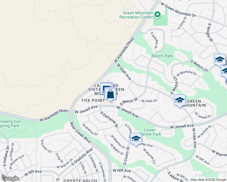 map of restaurants, bars, coffee shops, grocery stores, and more near 1697 South Cole Street in Lakewood