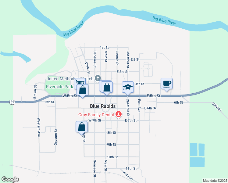 map of restaurants, bars, coffee shops, grocery stores, and more near East 4th Street in Blue Rapids