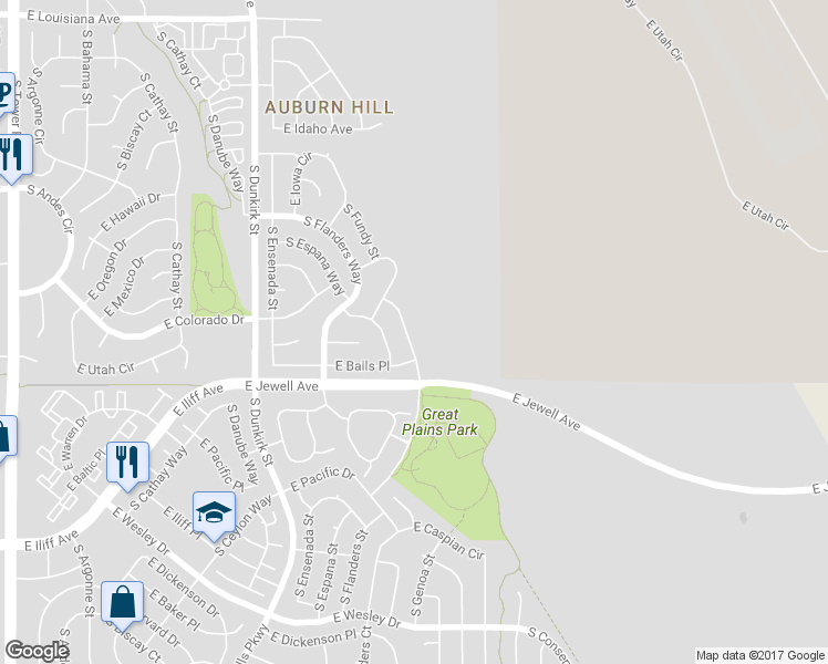 map of restaurants, bars, coffee shops, grocery stores, and more near 1818 South Genoa Street in Aurora