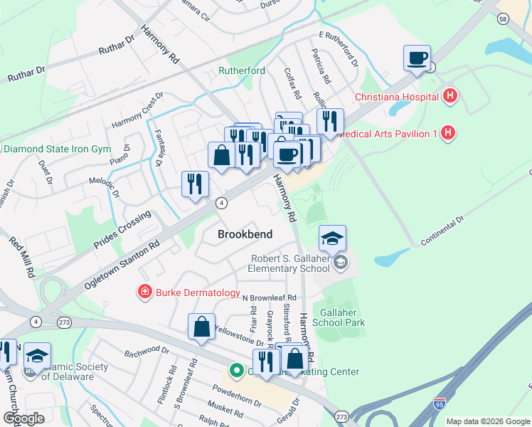 map of restaurants, bars, coffee shops, grocery stores, and more near 491 Harmony Road in Newark
