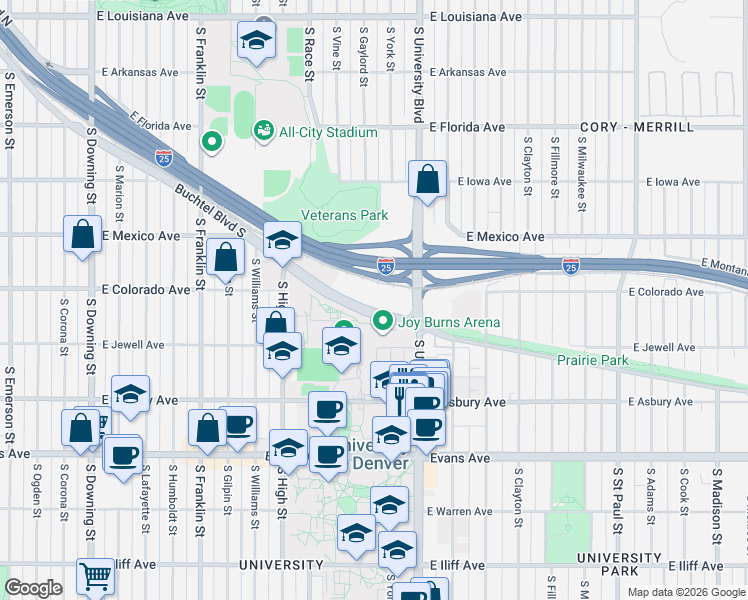 map of restaurants, bars, coffee shops, grocery stores, and more near 2225 Buchtel Boulevard South in Denver
