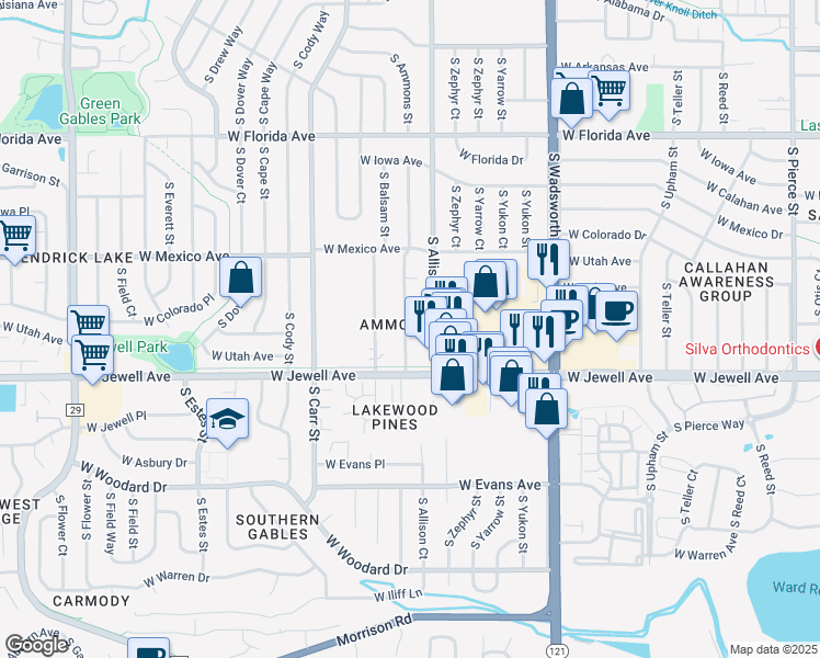 map of restaurants, bars, coffee shops, grocery stores, and more near 1808 South Ammons Street in Lakewood