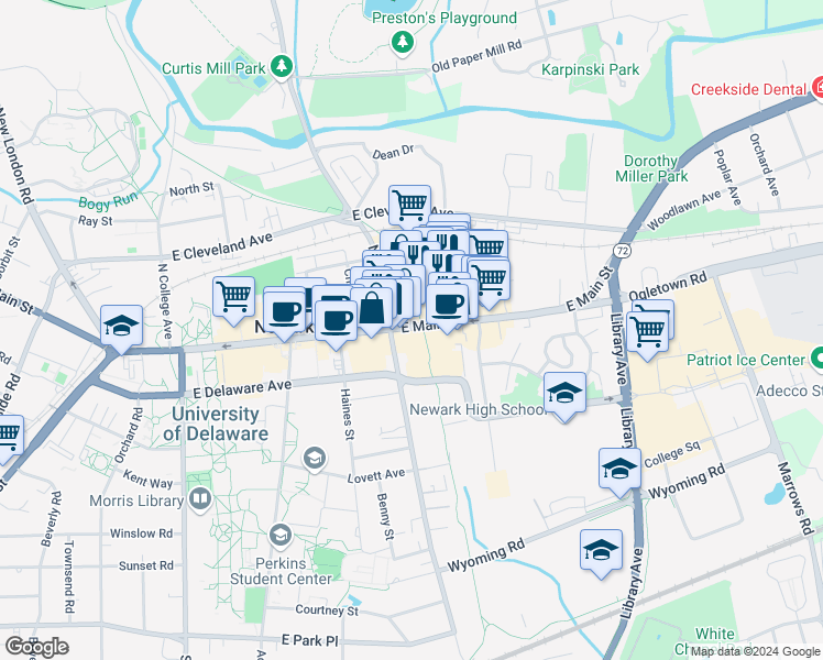 map of restaurants, bars, coffee shops, grocery stores, and more near 109 Newark Sc in Newark