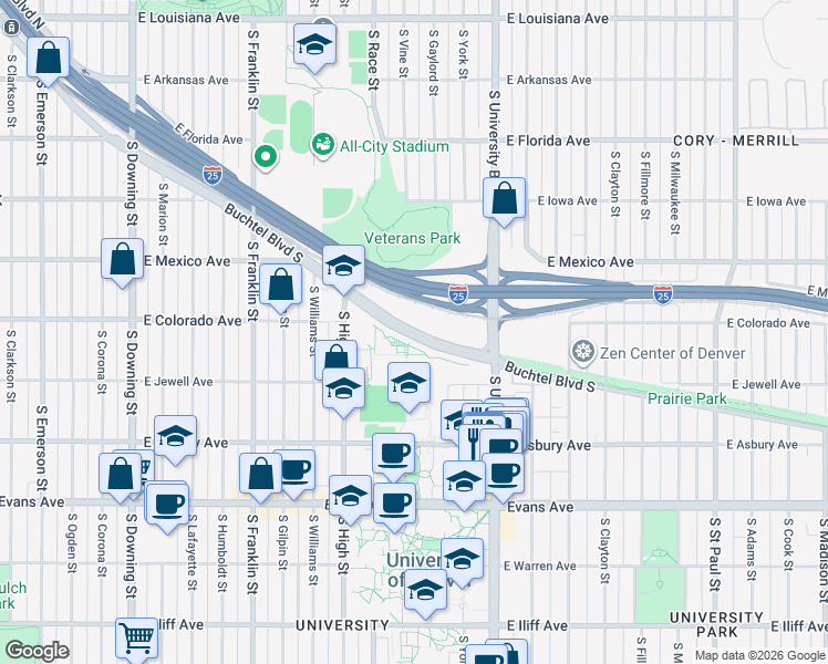 map of restaurants, bars, coffee shops, grocery stores, and more near 2125 Buchtel Boulevard South in Denver