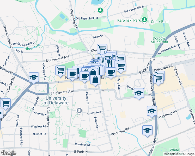 map of restaurants, bars, coffee shops, grocery stores, and more near 200 East Main Street in Newark