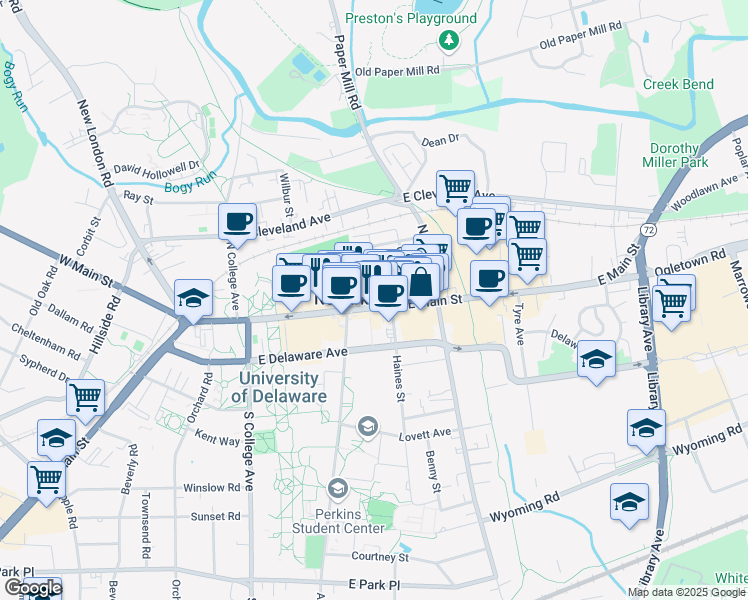 map of restaurants, bars, coffee shops, grocery stores, and more near 13 Center Street in Newark