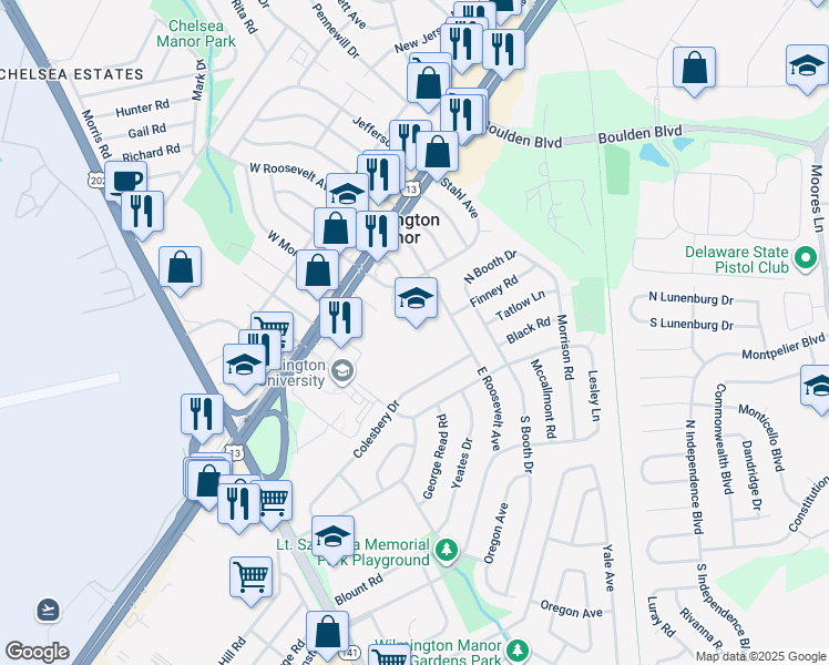 map of restaurants, bars, coffee shops, grocery stores, and more near 200 E Roosevelt Ave in New Castle