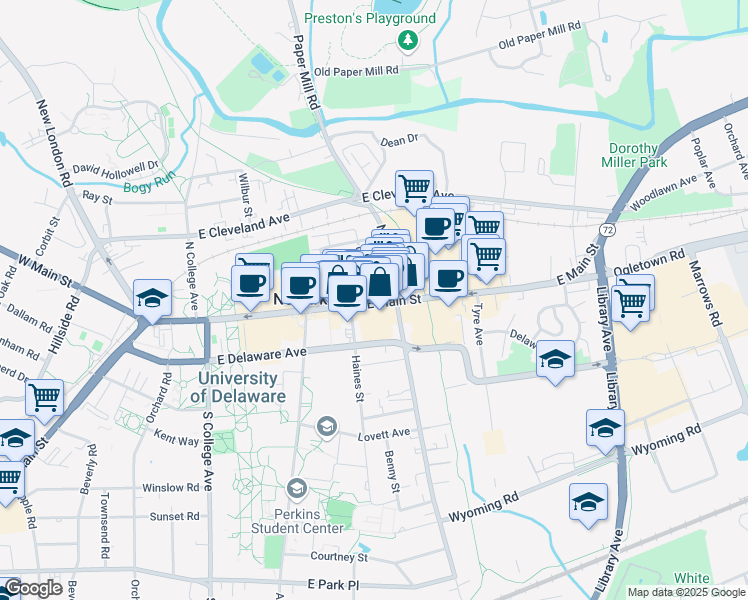 map of restaurants, bars, coffee shops, grocery stores, and more near 13 Choate Street in Newark