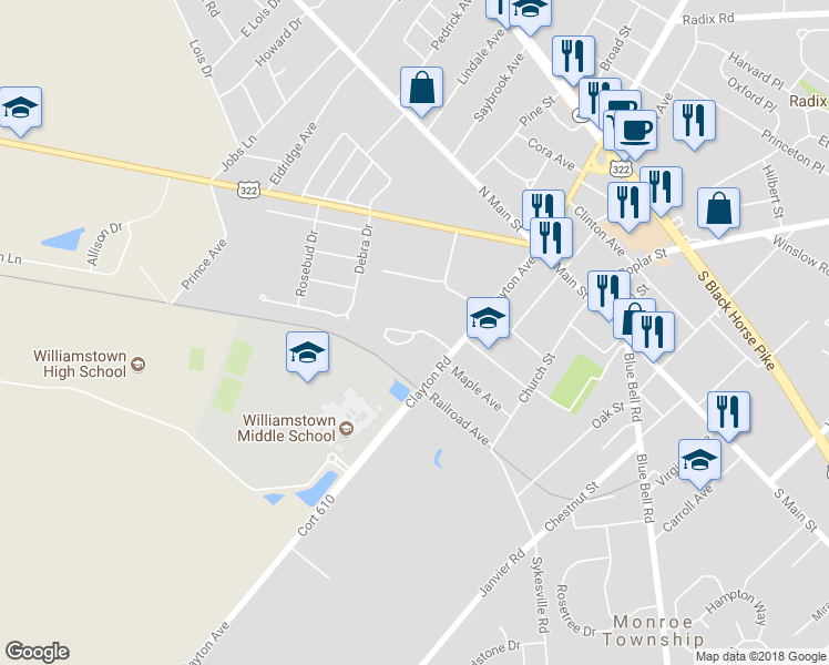 map of restaurants, bars, coffee shops, grocery stores, and more near 312 Brandywine Drive in Monroe Township