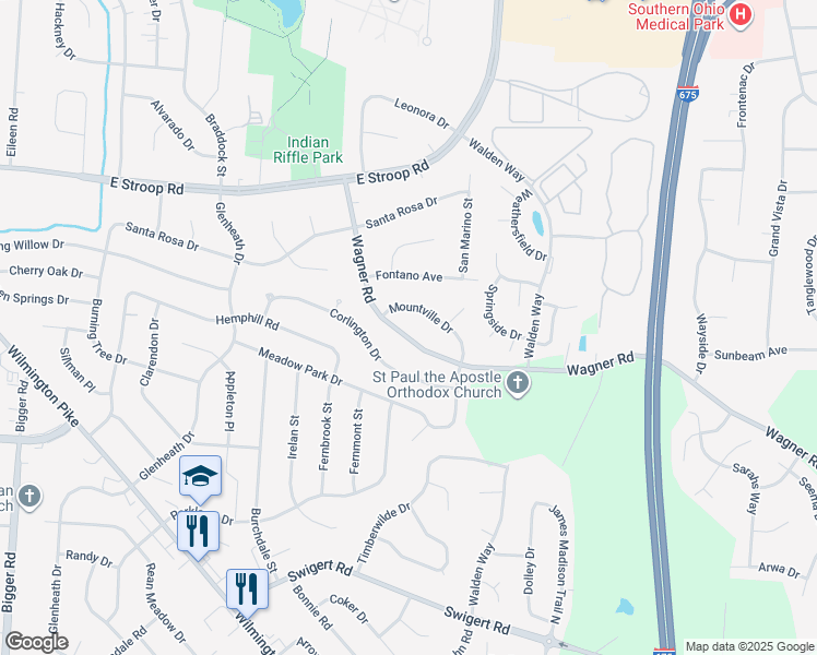 map of restaurants, bars, coffee shops, grocery stores, and more near 3058 Mountville Drive in Dayton