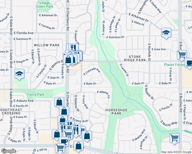 map of restaurants, bars, coffee shops, grocery stores, and more near 1821 South Joplin Street in Aurora