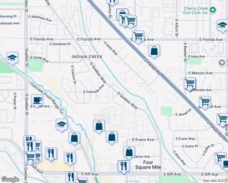 map of restaurants, bars, coffee shops, grocery stores, and more near 1885 South Quebec Way in Denver
