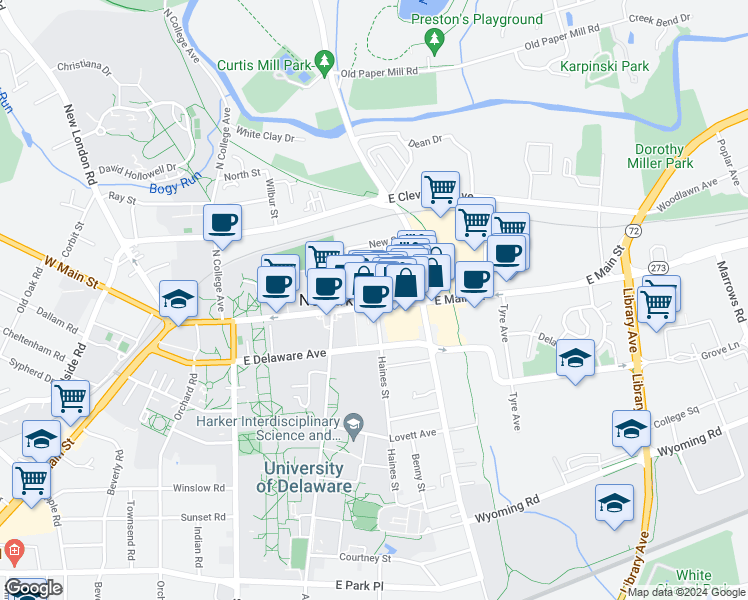 map of restaurants, bars, coffee shops, grocery stores, and more near 140 East Main Street in Newark