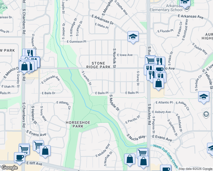 map of restaurants, bars, coffee shops, grocery stores, and more near 1819 South Mobile Street in Aurora