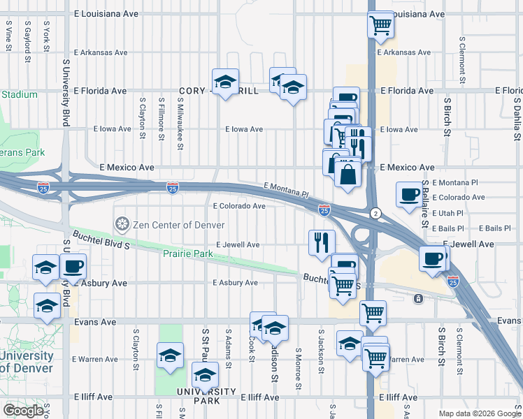map of restaurants, bars, coffee shops, grocery stores, and more near 3401 East Colorado Avenue in Denver