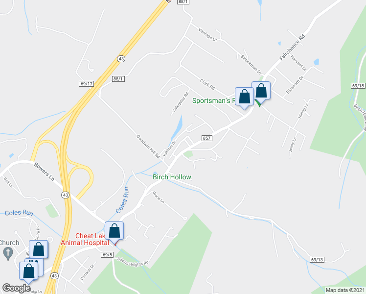 map of restaurants, bars, coffee shops, grocery stores, and more near 4004 Kathryn Drive in Morgantown