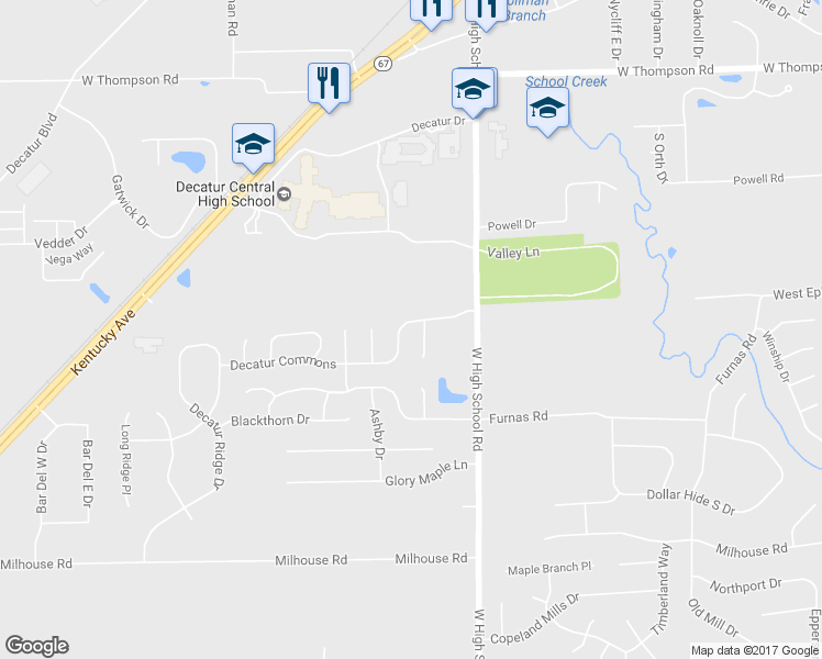 map of restaurants, bars, coffee shops, grocery stores, and more near 6428 Decatur Commons in Indianapolis