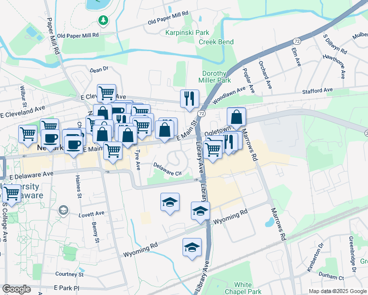 map of restaurants, bars, coffee shops, grocery stores, and more near 5 Washington Street in Newark