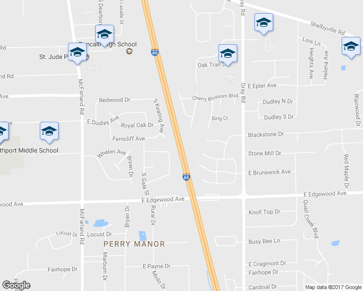 map of restaurants, bars, coffee shops, grocery stores, and more near Interstate 65 in Indianapolis