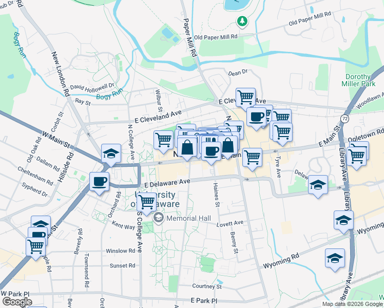 map of restaurants, bars, coffee shops, grocery stores, and more near 102 East Main Street in Newark