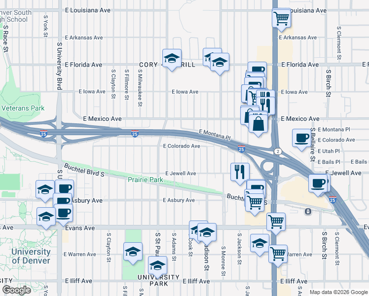 map of restaurants, bars, coffee shops, grocery stores, and more near 3295 East Colorado Avenue in Denver