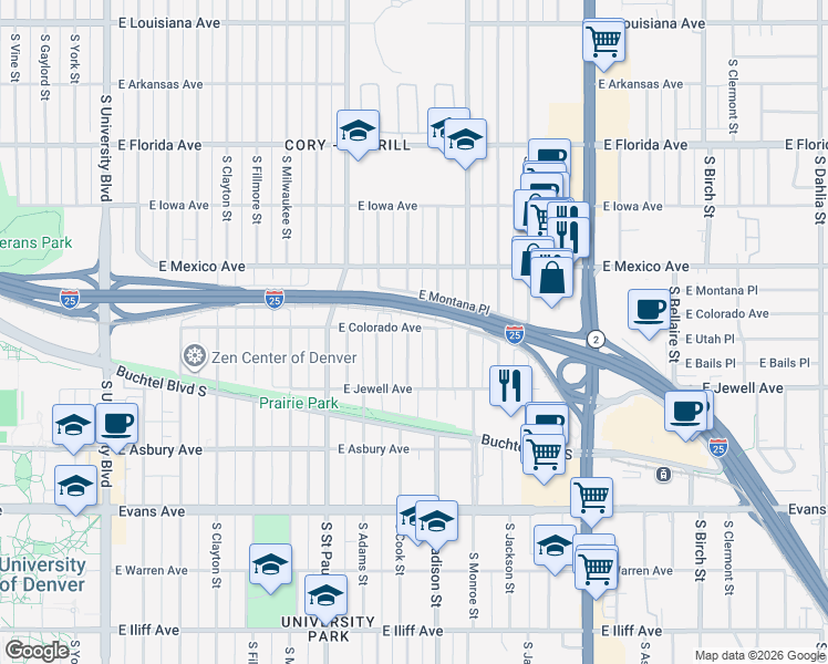 map of restaurants, bars, coffee shops, grocery stores, and more near 1800 South Cook Street in Denver