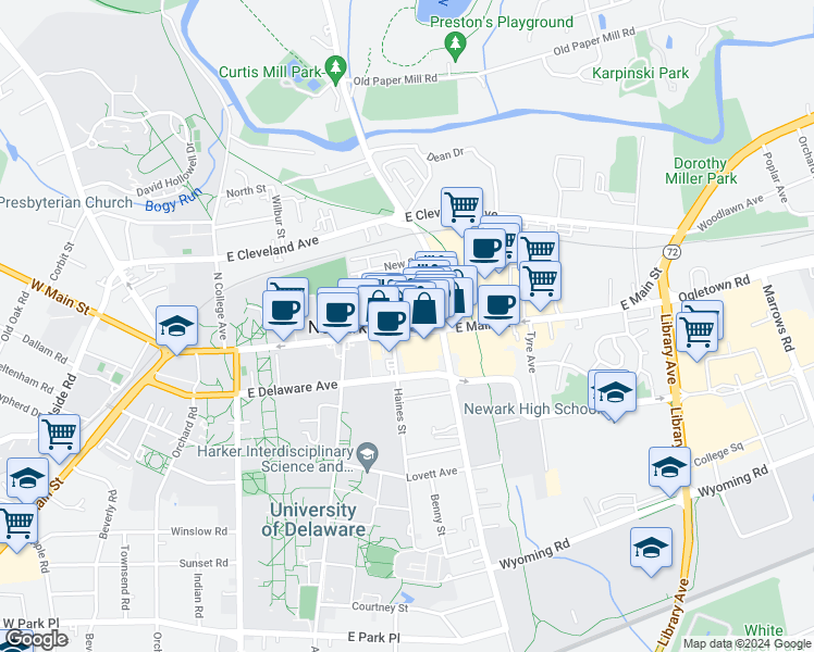 map of restaurants, bars, coffee shops, grocery stores, and more near 158 East Main Street in Newark