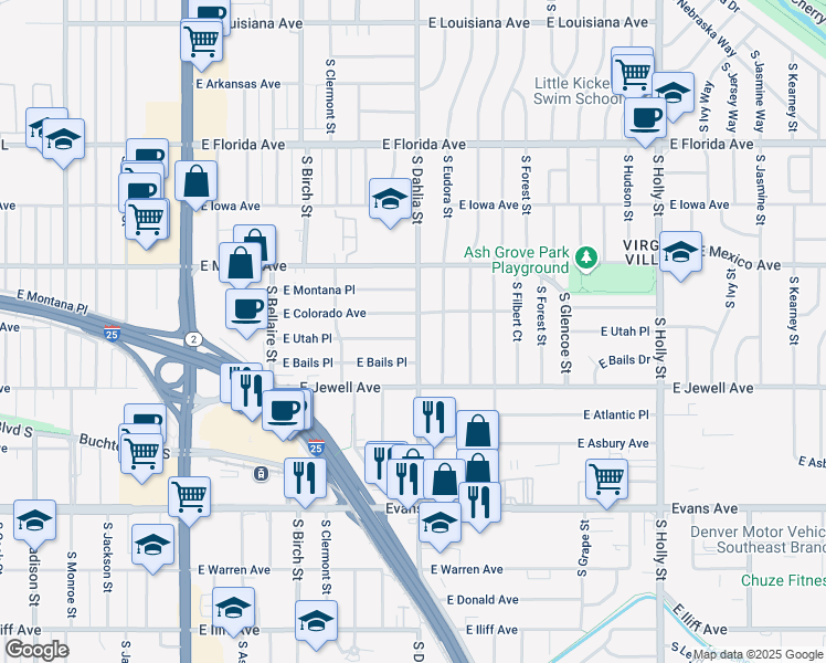 map of restaurants, bars, coffee shops, grocery stores, and more near 4740 East Colorado Avenue in Denver