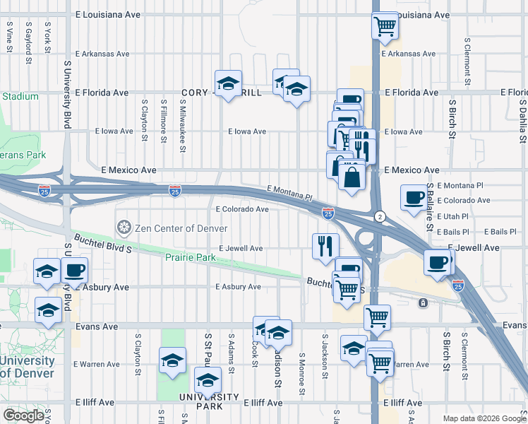 map of restaurants, bars, coffee shops, grocery stores, and more near 3401 East Colorado Avenue in Denver