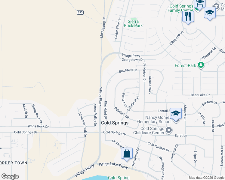 map of restaurants, bars, coffee shops, grocery stores, and more near 17880 Blackbird Drive in Reno