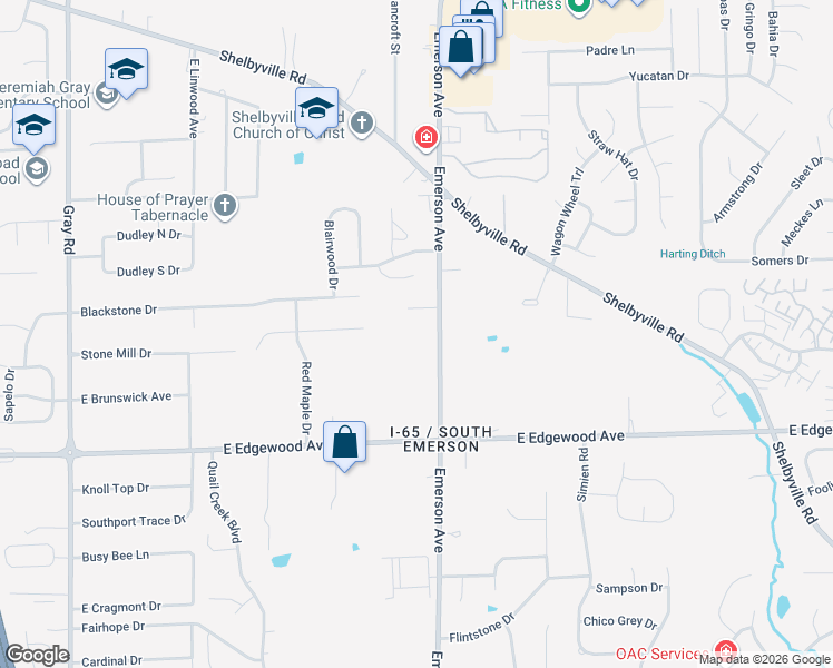 map of restaurants, bars, coffee shops, grocery stores, and more near 5740 South Emerson Avenue in Indianapolis