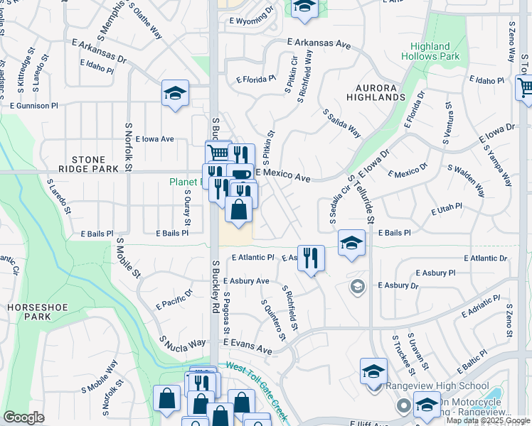 map of restaurants, bars, coffee shops, grocery stores, and more near 1789 South Pitkin Circle in Aurora