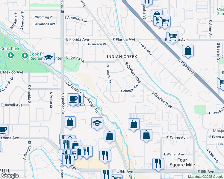 map of restaurants, bars, coffee shops, grocery stores, and more near 1782 South Trenton Street in Denver