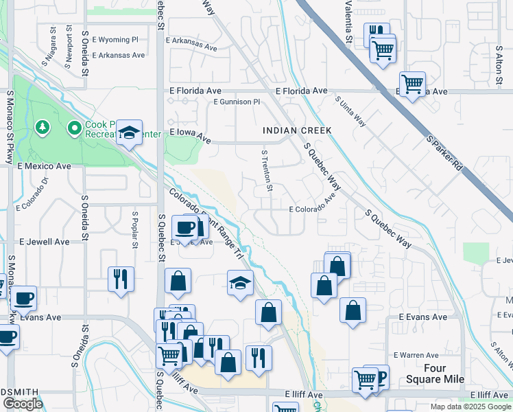 map of restaurants, bars, coffee shops, grocery stores, and more near 1699 South Trenton Street in Denver