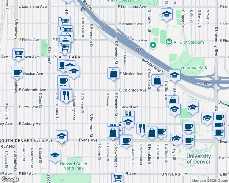 map of restaurants, bars, coffee shops, grocery stores, and more near 1788 South Downing Street in Denver