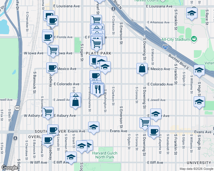 map of restaurants, bars, coffee shops, grocery stores, and more near 711 East Colorado Avenue in Denver