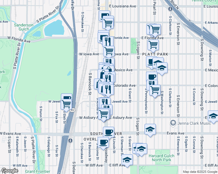 map of restaurants, bars, coffee shops, grocery stores, and more near 37 East Colorado Avenue in Denver