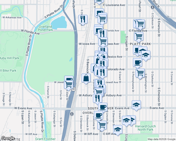 map of restaurants, bars, coffee shops, grocery stores, and more near 1790 West Colorado Avenue in Denver